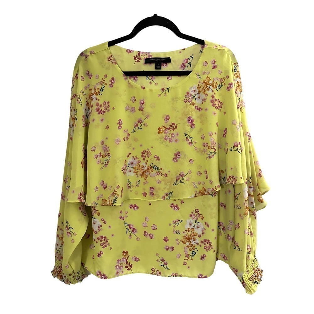 Andrew Marc New York Yellow Floral Layered Breezy Long Sleeve Top - Medium
